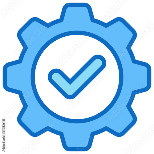 System Approval - Blue Fill Outline Icon - Gear with checkmark, denoting system or operational approval status