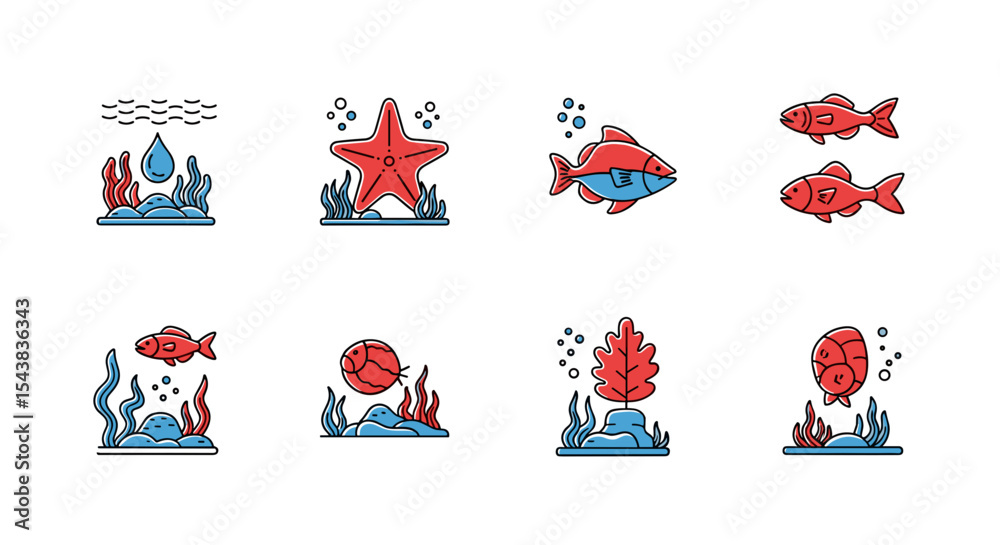 Fototapeta premium Ocean life clip art featuring fish starfish coral and seaweed vector illustration underwater sea creatures design