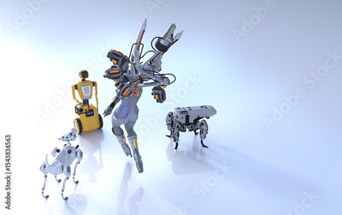 Three modern robots, a robotic dog, crab and humanoid with flying engines, face off a retro robot meant for restaurant serving. Concept of technology development. 3D illustration. 