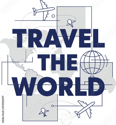Travel the world typography vector design with airplane icons and bold modern font for globetrotters and wanderlust-inspired graphic apparel prints