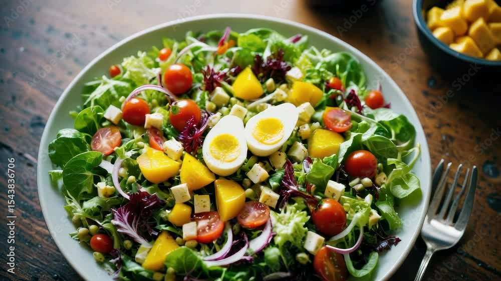 A plate of mixed greens topped with sliced hard-boiled eggs, perfect for a quick and easy meal or snack