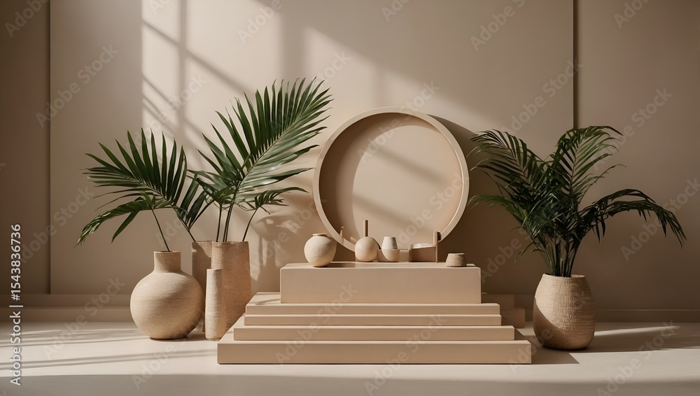 Fototapeta premium Minimalist Plant Display: Serene Tropical Vibes on Neutral Podiums