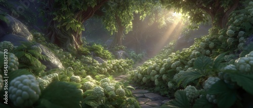 Enchanting Sunlit Forest Path Lush Greenery Stone Walkway Mystical Nature Scene