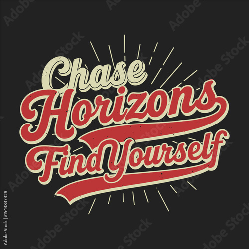1950s chrome outline typography vector t shirt design with find yourself travel quote in bold cursive font for vintage wanderlust graphic apparel