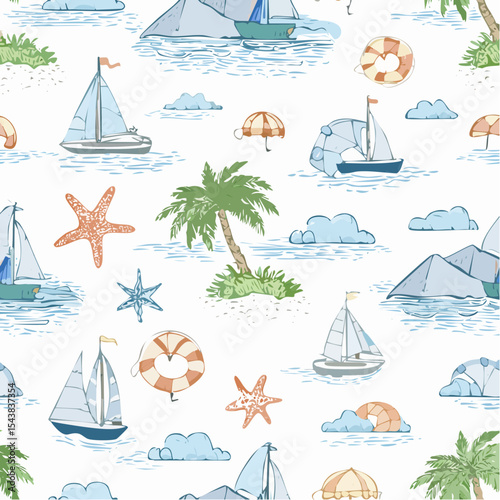 Summer vacation seamless pattern. Sketch drawing. Coastal sea simple print.