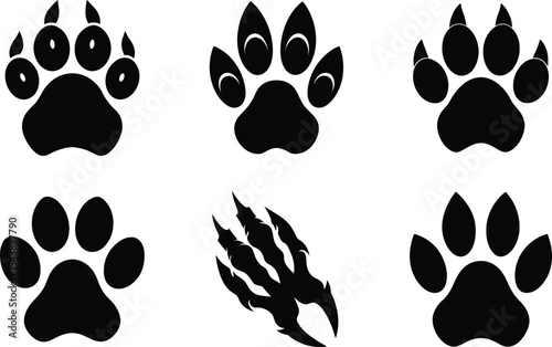 Seamless black silhouette animal and cat paw print pattern vector illustration