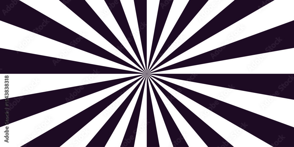 Abstract high-energy radial burst design with bright black and white wavy stripes. Symmetrical curved segments, a hypnotic.Dynamic spiral effect reminiscent of retro candy swirls or vintage sunburst.