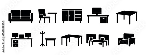 Furniture silhouette icon set. sofa, table, chair, desk icons in silhouette style