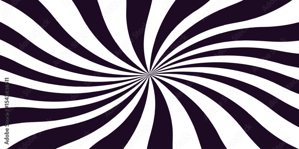 Abstract high-energy radial burst design with bright black and white wavy stripes. Symmetrical curved segments, a hypnotic.Dynamic spiral effect reminiscent of retro candy swirls or vintage sunburst.