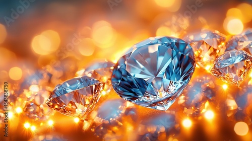   A group of diamonds sits atop a table with shimmering gold and blue diamonds beneath them