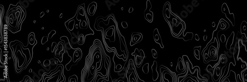 Abstract black and white topographic map illustration in vector style, showing contour lines, curves, and mountain ranges. Seamless pattern inspired by physical geography and terrain relief.