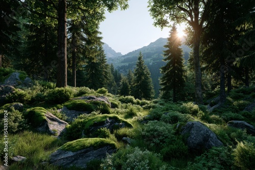 Majestic Mountain Forest Sunset  Mossy Rocks  Lush Greenery  Cinematic Light