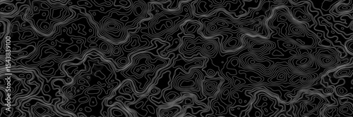 Abstract black and white topographic map illustration in vector style, showing contour lines, curves, and mountain ranges. Seamless pattern inspired by physical geography and terrain relief.