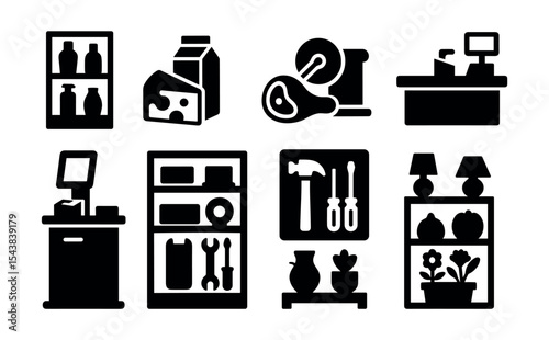 Grocery and tools silhouette icon set. store, food equipment icons in silhouette style