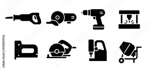 Construction tools solid icon set. power tools, small equipment in solid collection