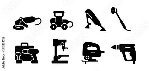 Power tools silhouette icon set. drill, saw, sander, grinder, tool collection