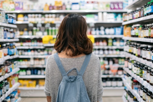 A woman with a backpack looking at shelves of products in a store, aisles filled with various items.