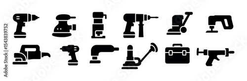 Power tools silhouette icon set. drill, sander, saw, vacuum, toolbox icons collection
