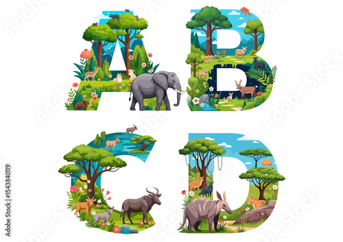 Colorful letter A, B, C, D filled with African animals in a lush, vibrant jungle landscape