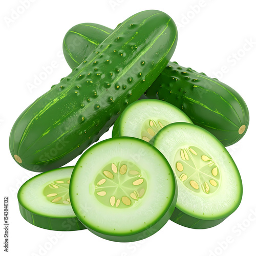 Fresh cucumbers whole and sliced for salad ingredients and healthy food isolated on  transparent background