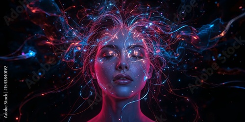 Woman with glowing lines and lights emanating from her head against a dark background