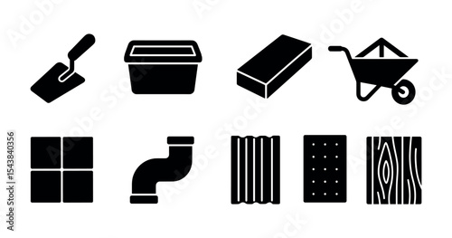 Construction, building silhouette icon set. essential tools, equipment silhouette icons