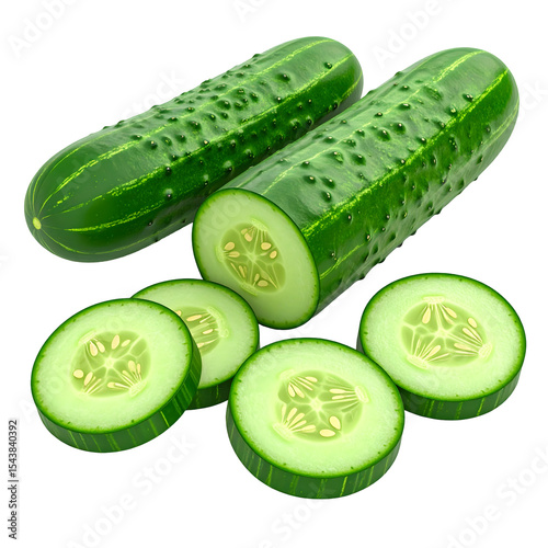 Fresh green cucumbers sliced whole vegetables healthy food ingredient isolated on  transparent background