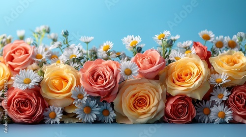   A blue background showcases a row of daisies and roses in close-up detail