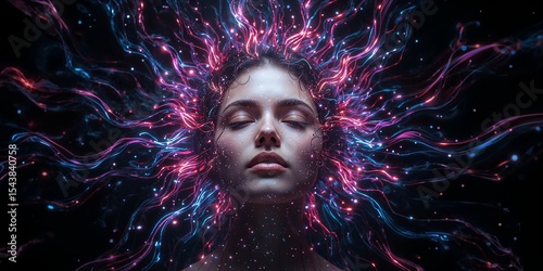 Woman with closed eyes surrounded by glowing neon light strands in a dark abstract background
