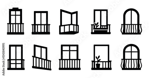 Balcony and window silhouette icon set. architectural design symbols collection