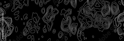 Abstract black and white topographic map illustration in vector style, showing contour lines, curves, and mountain ranges. Seamless pattern inspired by physical geography and terrain relief.