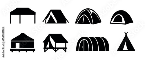 Camping and outdoor solid icon set for tents, hiking, and adventure symbols