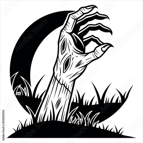 Zombie Hand Rises From Grave Clipart with Dark Moon
