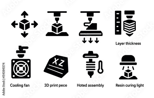 3d printing solid icon set. manufacturing, technology, engineering, tools collection