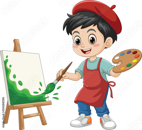 Happy Cartoon Boy Painter with Beret and Palette, Painting on Easel with Brush, Creative Child Artist, Kids' Art Class, Artistic Hobby and Imagination.