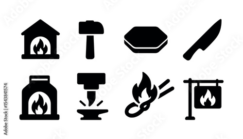 Cooking, crafting silhouette icon set. fireplace, cutting, blacksmithing essentials