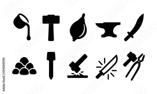 Blacksmithing silhouette icon set. crafting, tools, metalwork icons silhouette collection