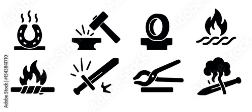 Blacksmith silhouette icon set. craft, forge tools, metalwork icons silhouette collection