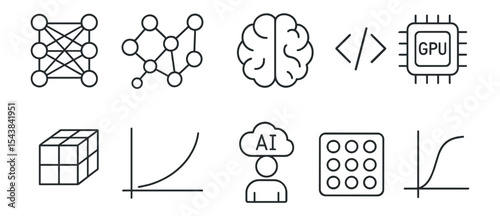 Artificial intelligence outline icon set. machine learning, neural network icons collection