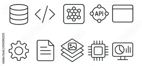 Technology, software linear icon set. coding, data management icons line collection