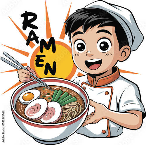 Happy Cartoon Chef Boy Holding Delicious Ramen Bowl with Chopsticks, Traditional Japanese Noodle Soup, Asian Cuisine Illustration, Smiling Kid with Food, Culinary Delight.
