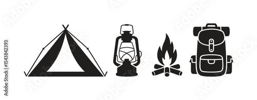 Black vector camping icons tent lantern campfire backpack outdoor adventure travel trip