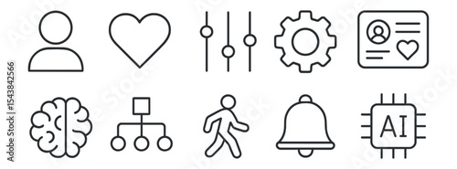 Technology, communication line icon set. networking, ai, interface icons collection