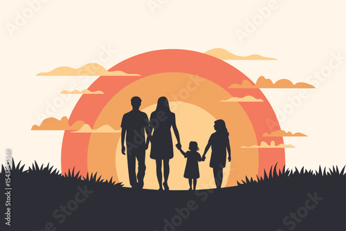 Family Silhouette Walking at Sunset Orange Yellow Sky Grass Vector Illustration