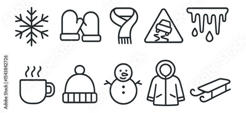 Winter safety outline icon set. snow, cozy, weather, warmth, protection icons collection
