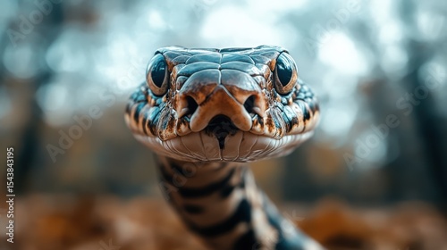 A detailed close-up of a snake's distinctive face and striking eyes emphasizes the unique patterns and textures, showcasing the beauty of these fascinating reptiles.