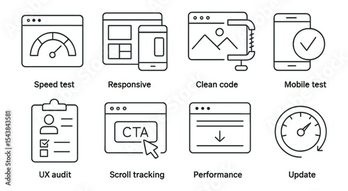 Web development outline icon set. responsive, performance, ux symbols collection