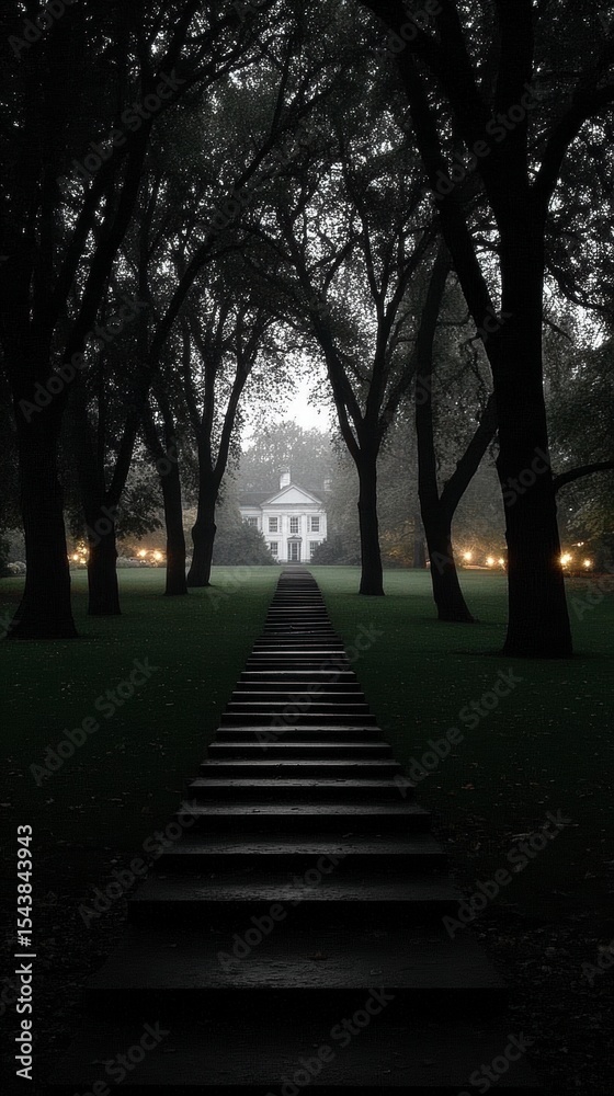 Fototapeta premium Foggy Garden Path Stone Steps to Classic House