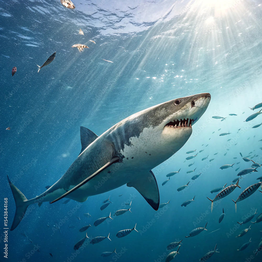 Fototapeta premium Ultra‑realistic underwater POV of a great white shark gliding through deep blue water, sunlight shafts illuminating its sleek body and serrated teeth with fish around.