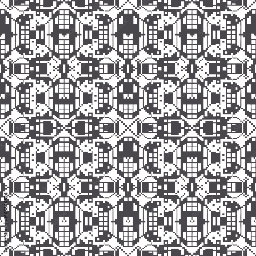 Abstract geometric pattern with repeating squares and lines in grayscale